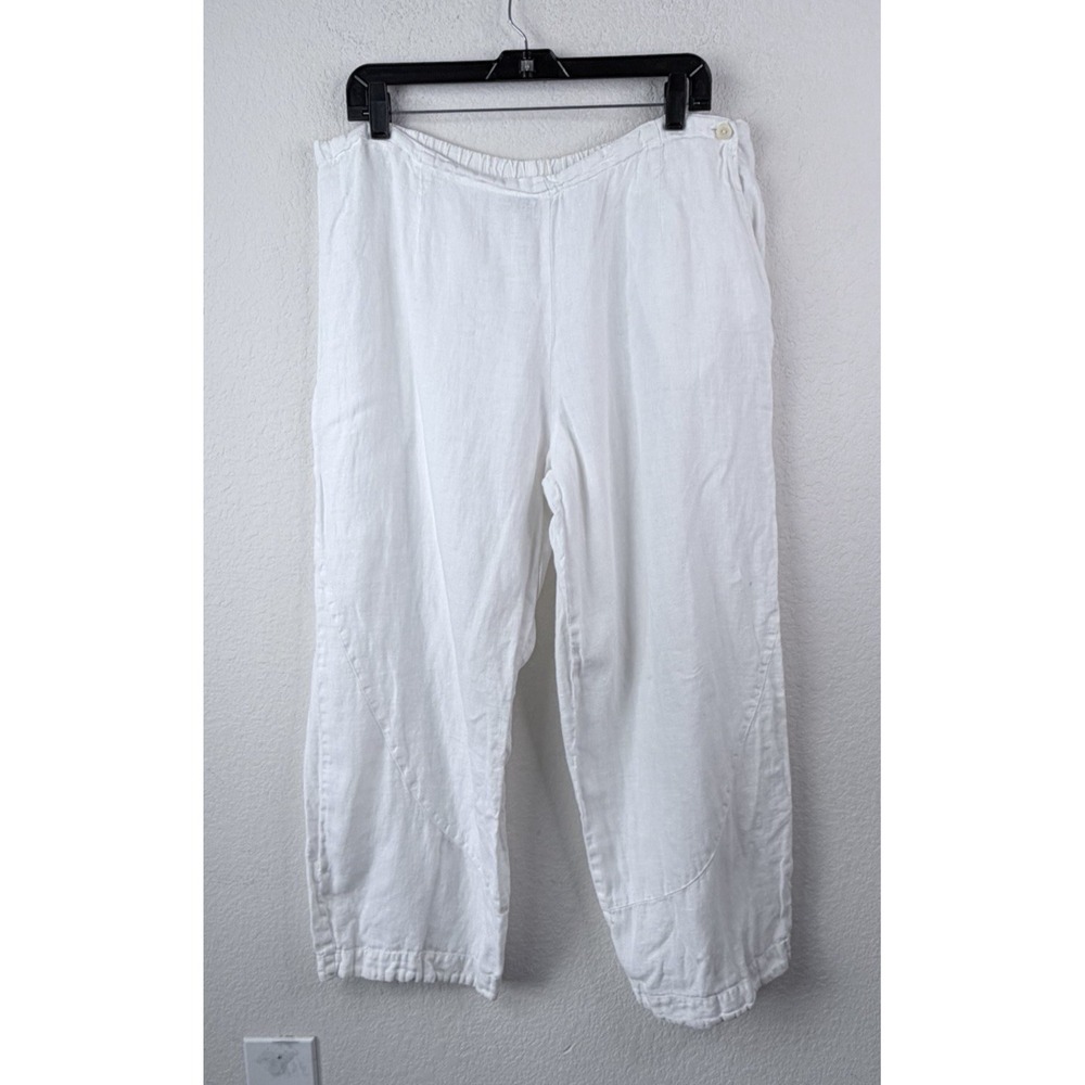 Flax 100% Linen Crop Pants Women's M White Pull On Elastic Waist Lagenlook Boho